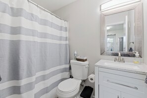 Hair dryer, towels, soap, shampoo