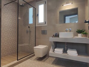 Douche, séchoir à cheveux, serviettes fournies, savon