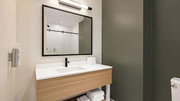 Une salle de bain moderne avec un lavabo blanc, un meuble-lavabo en bois et un grand miroir.