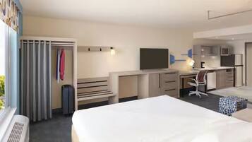 Desk, laptop workspace, blackout curtains, iron/ironing board