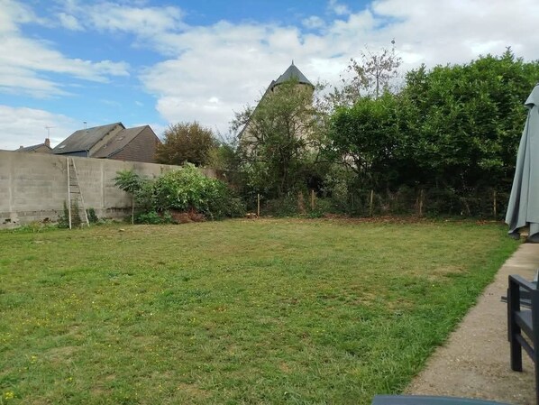 A grassy backyard with a concrete wall, a ladder, and a small tree.