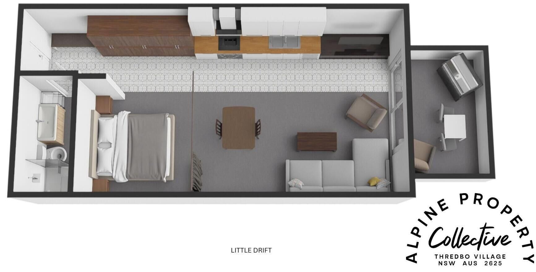 A floor plan of a property with a kitchenette, a dining area, a living room with a sofa and a coffee table, and a bathroom.