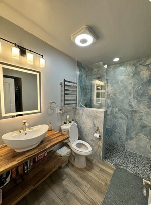 Shower, hair dryer, towels, soap