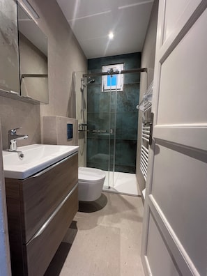 Shower, hair dryer, towels, soap