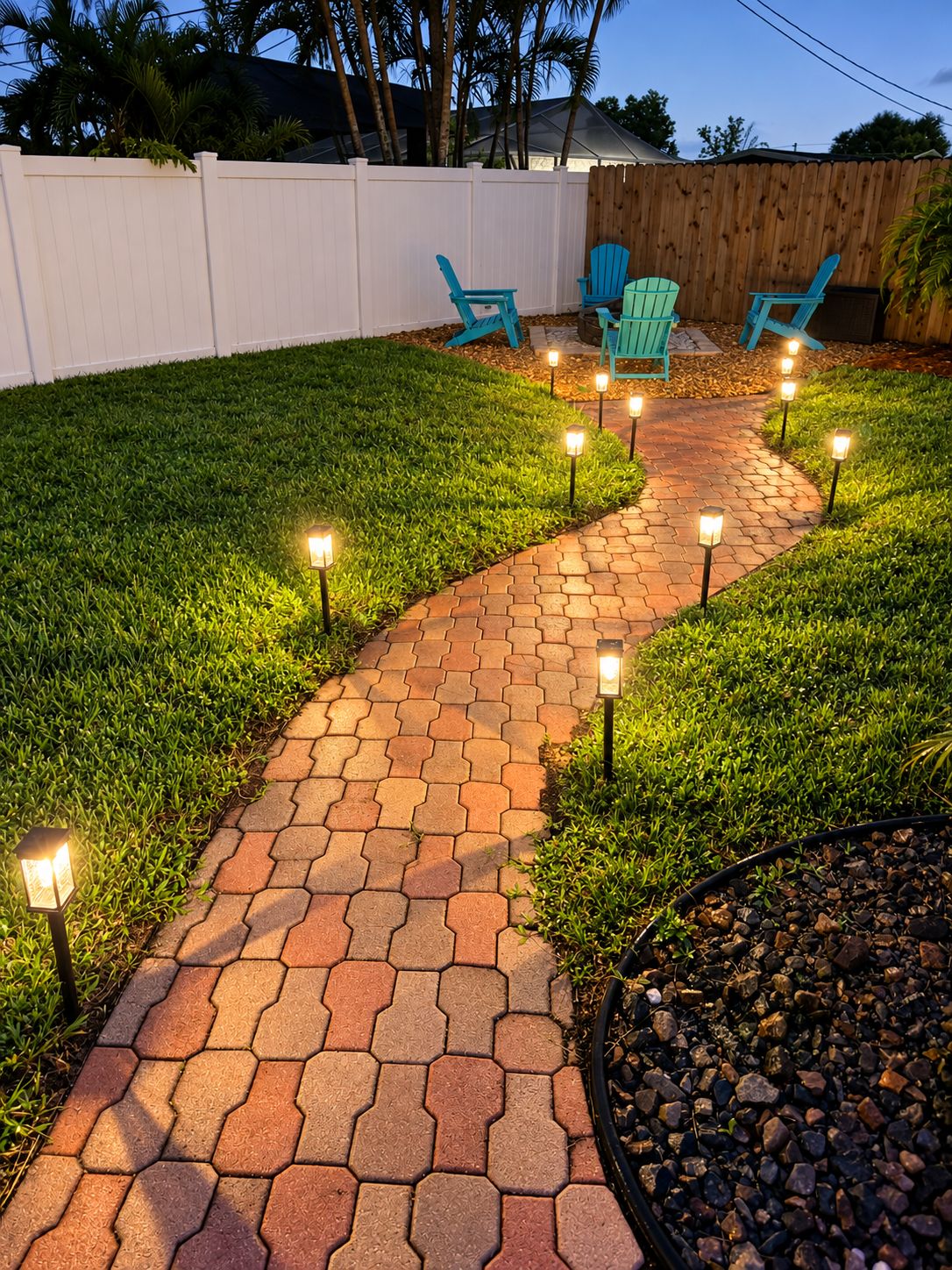 A paved pathway with hexagonal tiles leading to a seating area with chairs.
