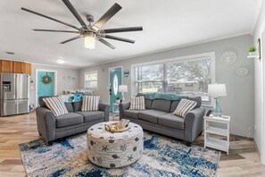 Smart TV, fireplace, table football, books