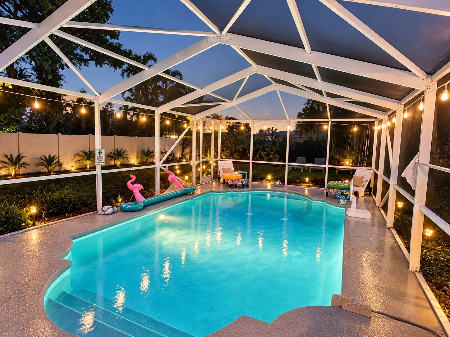 Une piscine dotée d’un espace couvert, entourée de chaises longues et illuminée de guirlandes lumineuses.
