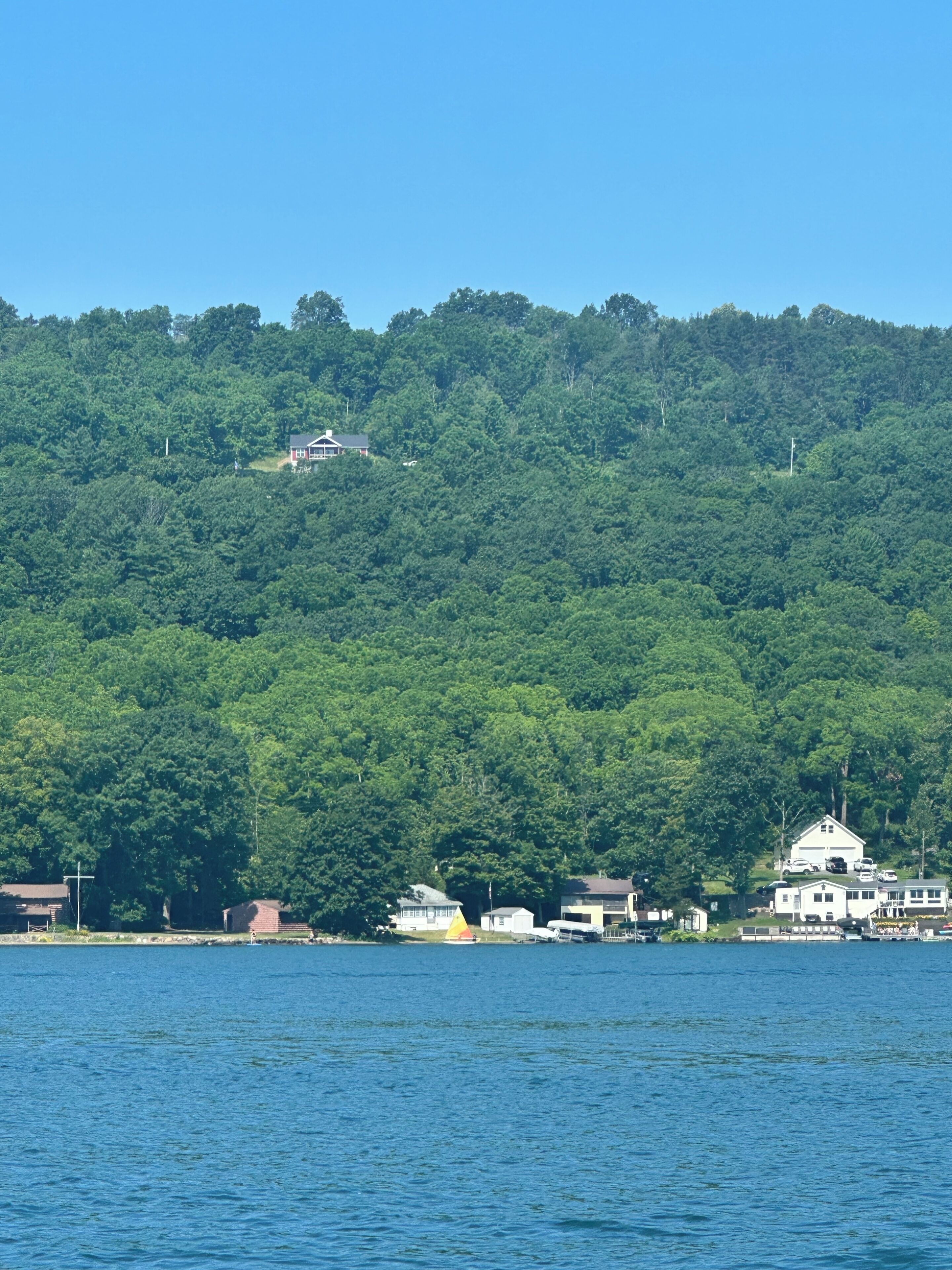 A coastal view with a forested hill, a small house, and a white building with a garage.
