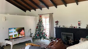 Een woonkamer met een televisie, een kerstboom en een open haard.