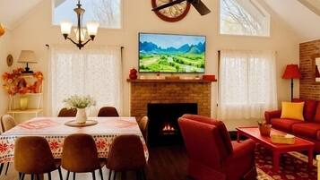 Smart TV, fireplace, video games, books