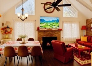 Smart TV, fireplace, video games, books