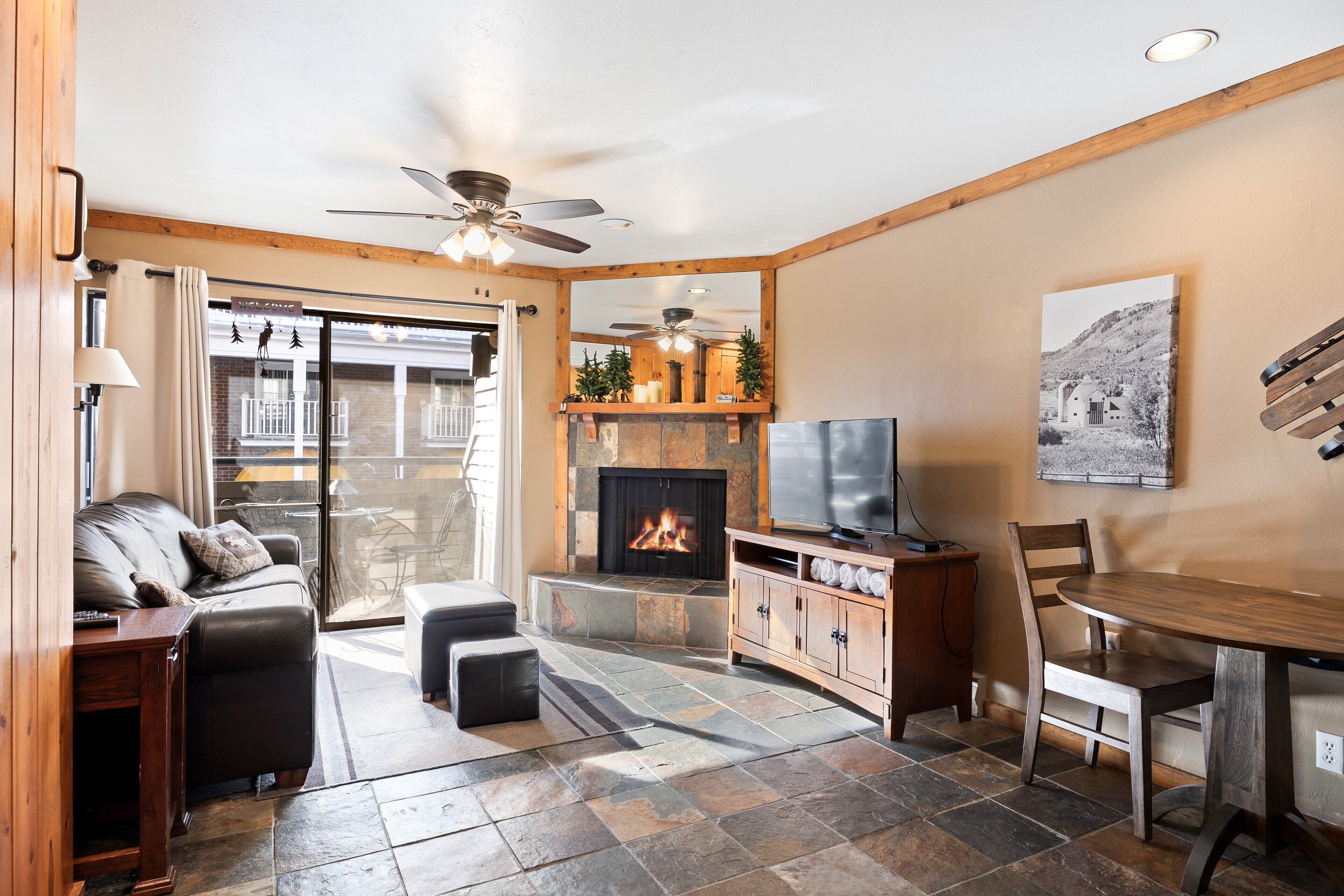 Smart TV, fireplace, books