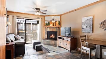 Smart TV, fireplace, books