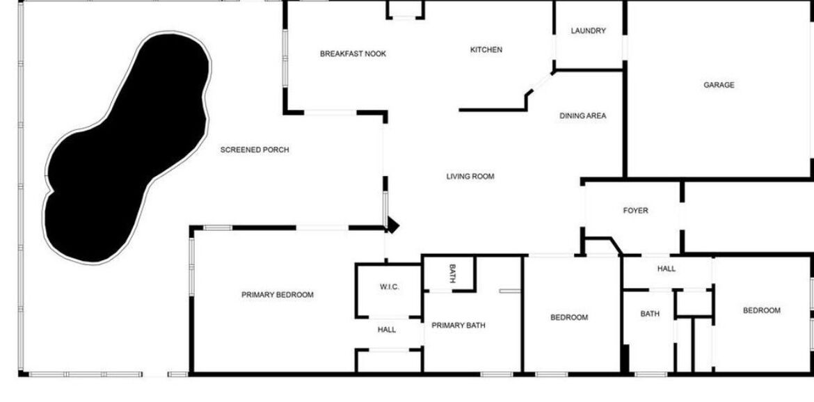 Un plan d’étage comprenant une véranda fermée, une chambre principale, un salon, une cuisine, un coin repas, une buanderie, un garage, un hall d’entrée, un couloir, une salle de bain principale et deux chambres.