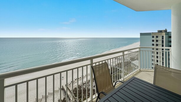 A balcony with a view of the ocean and beach. - Palacio 902 | Beachfront & Resort Amenities | My Beach Getaways (Pensacola)