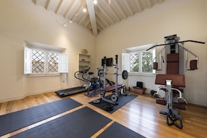 Een sportruimte in huis met trainingsapparatuur, houten vloeren en grote ramen.