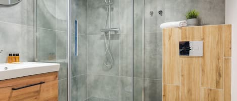 Douche, séchoir à cheveux, serviettes fournies