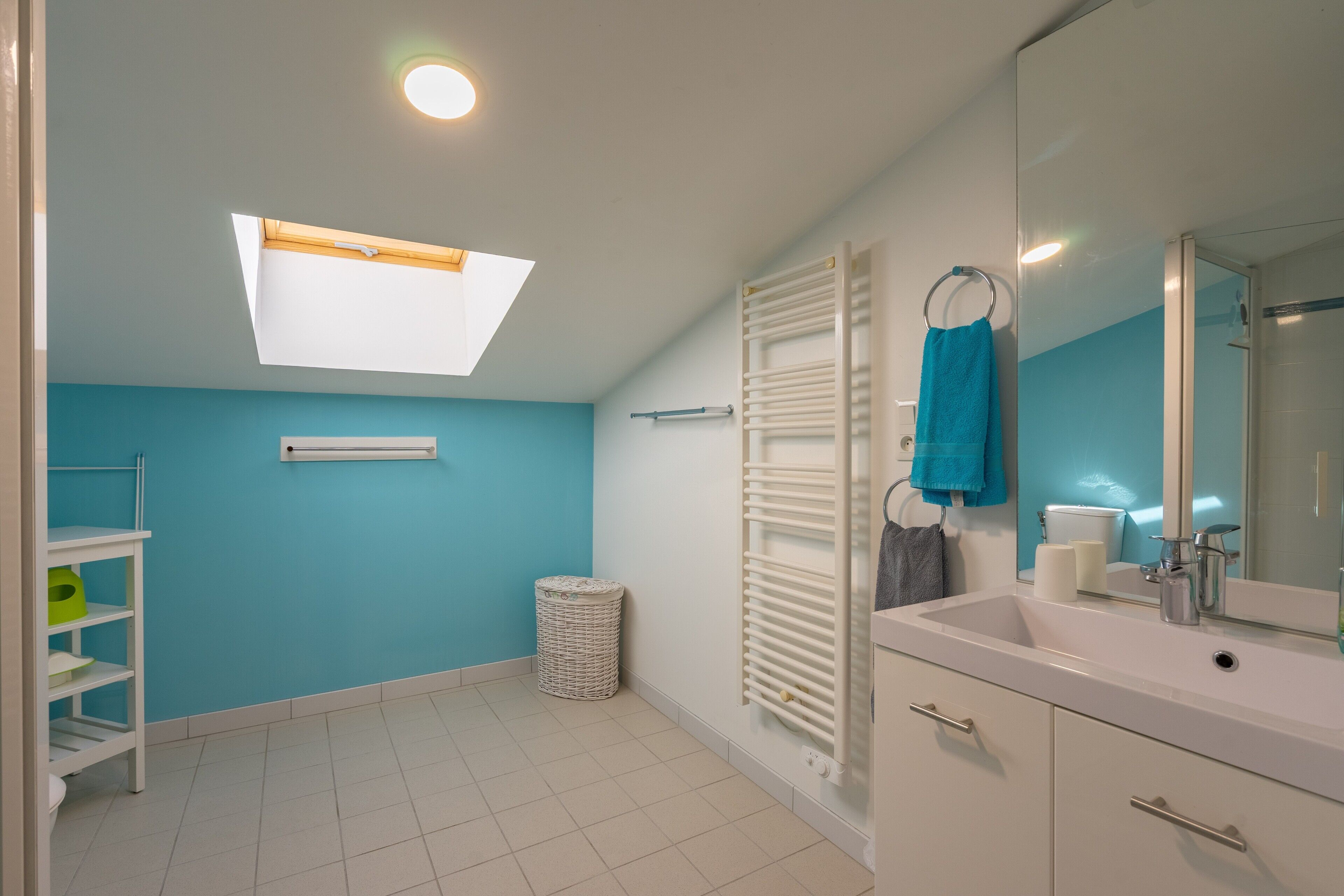 A bathroom with a skylight, white sink, and a mirror.