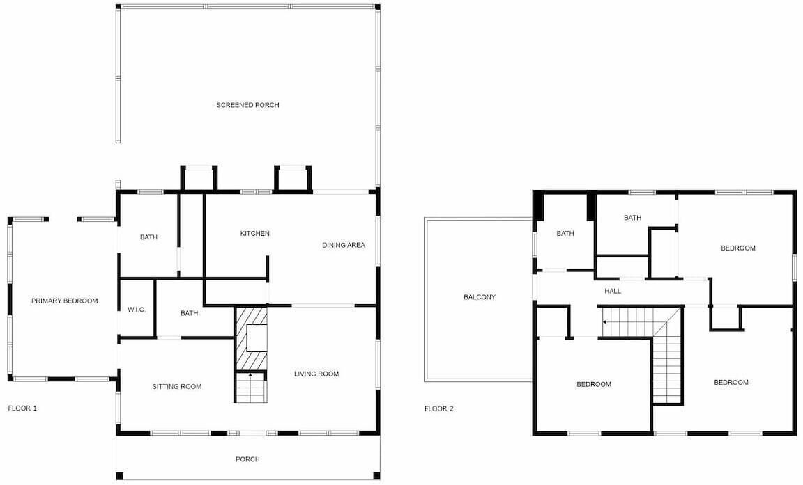 Two floor plans of a building with labeled rooms including a primary bedroom, kitchen, dining area, living room, sitting room, and balcony.