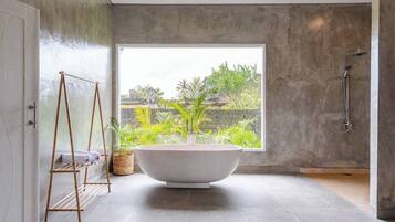 Shower, jetted bath, hair dryer, bidet