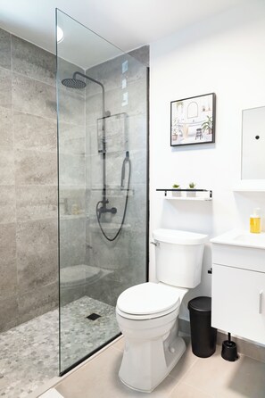 Douche, sèche-cheveux, serviettes fournies, savon