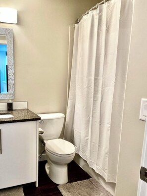 Hair dryer, towels, soap, toilet paper
