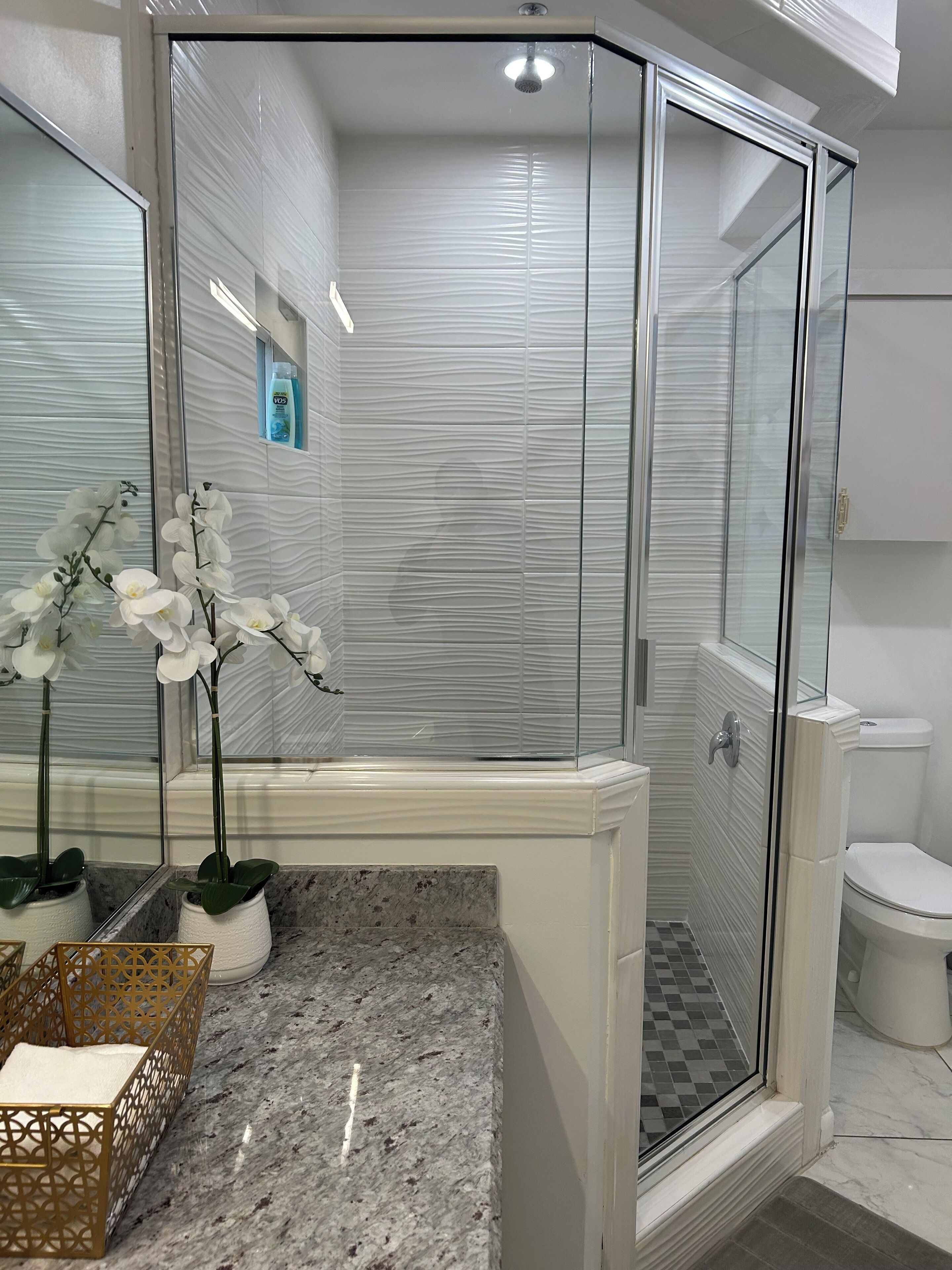 Regadera, secadora de cabello, toallas, jabón 