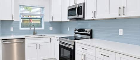A modern kitchen with white cabinetry, stainless steel appliances, and a window with blinds.