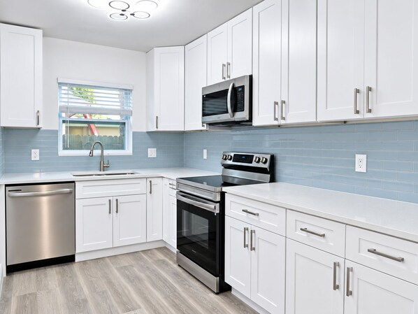 A modern kitchen with white cabinetry, stainless steel appliances, and a window with blinds.