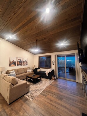 Smart TV, fireplace, books, music library