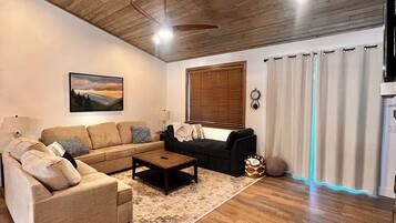 Smart TV, chimenea, libros, biblioteca de música