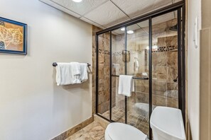 Shower, hair dryer, towels