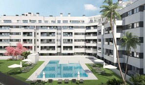 A modern multi-story hotel with a central swimming pool surrounded by lounge chairs and umbrellas. - Lovely Holiday Home in Marbella With Shared Pool (Marbella)