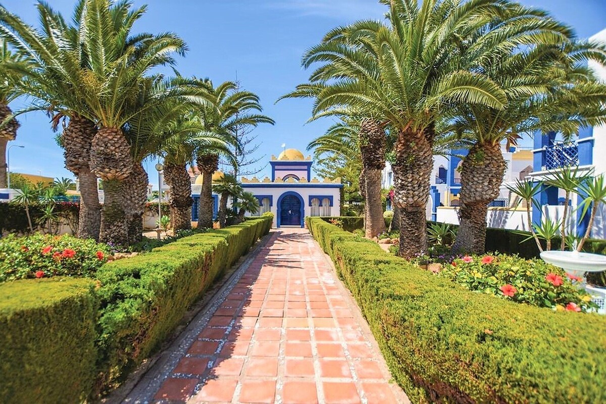 A pathway leading to a building with a blue facade and a dome, surrounded by palm trees and well-manicured hedges.