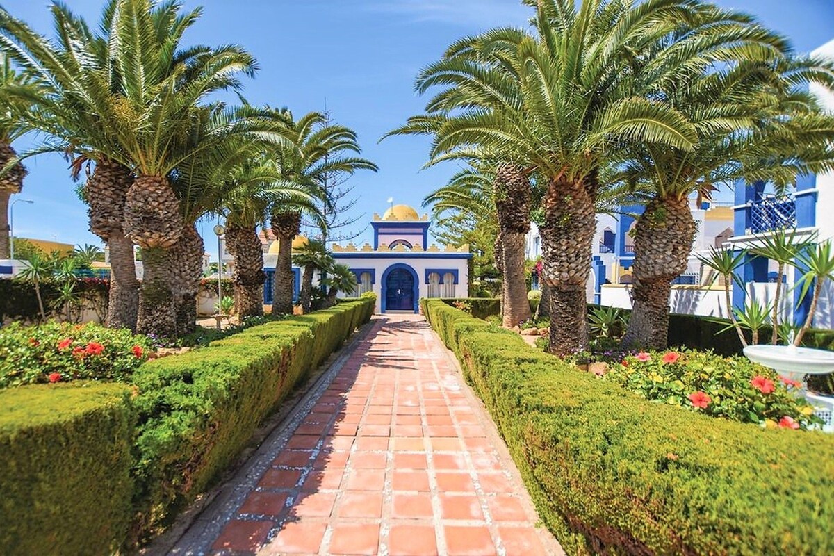 A pathway leading to a building with a blue facade and a dome, surrounded by palm trees and well-manicured hedges.