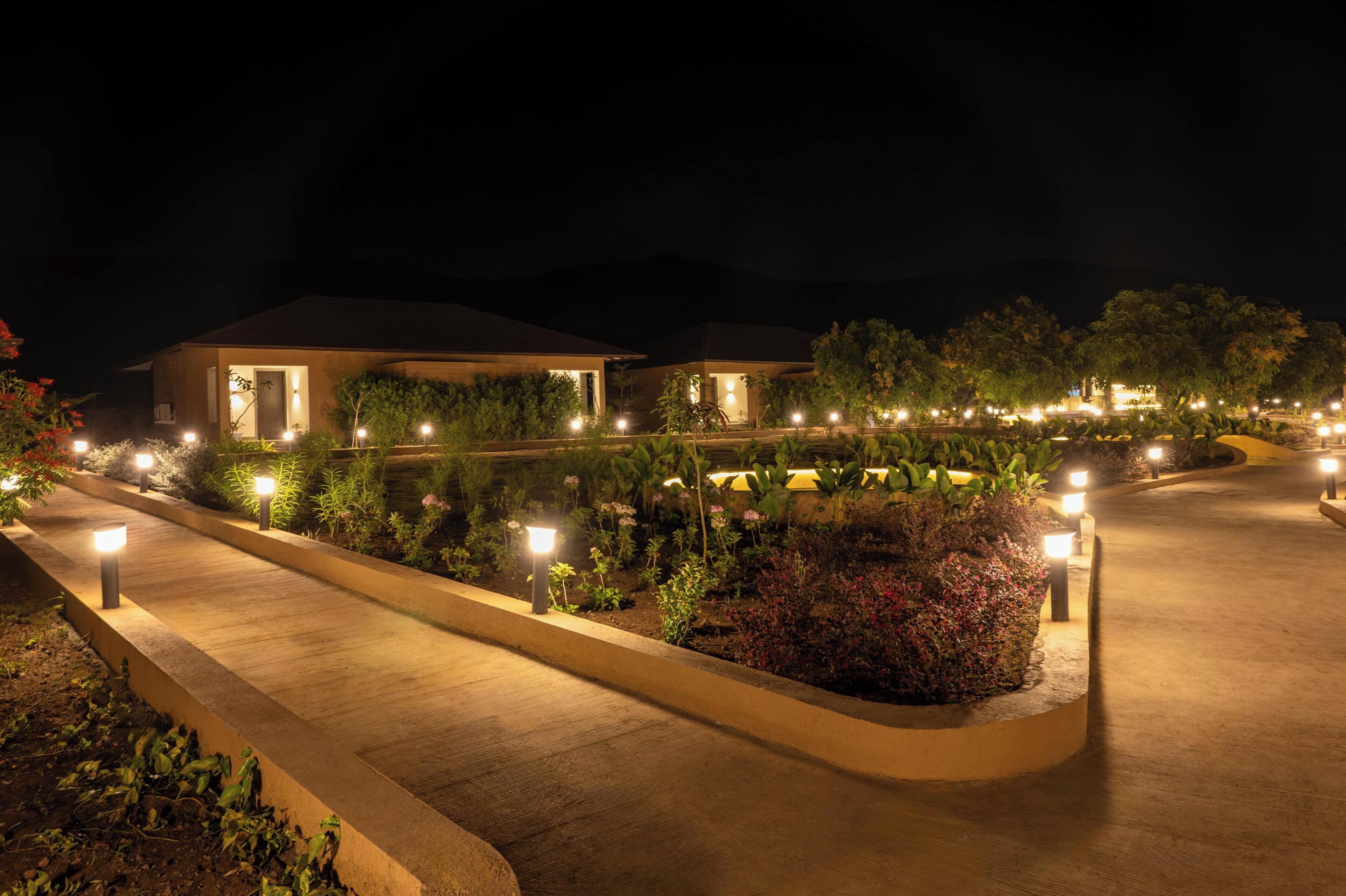 A well-lit pathway leading to a building with a modern design, surrounded by landscaped gardens and illuminated by street lamps.