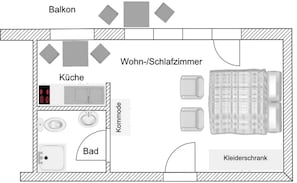 A hotel room layout with a balcony, ensuite bathroom, kitchen, and a wardrobe. - Studio Apartment 'Gästehaus Wolfgang Mittersee -4-' with Mountain View, Balcony and Wi-Fi (Ruhpolding)