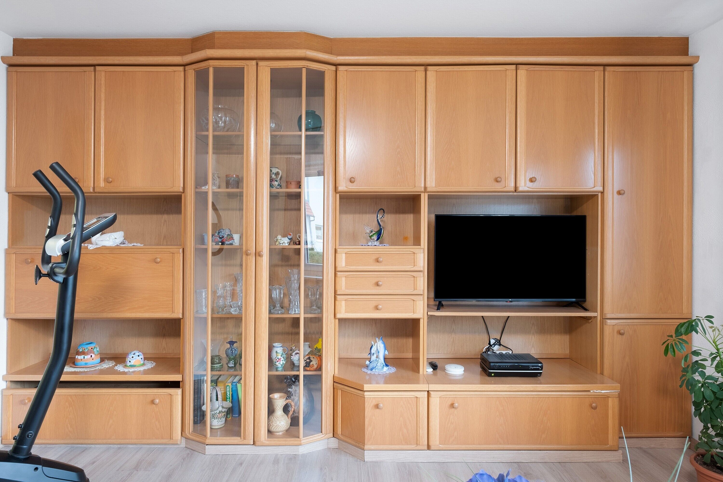 Ein Wohnzimmer mit Fernseher, Holzschränken, Laufband und Topfpflanze.