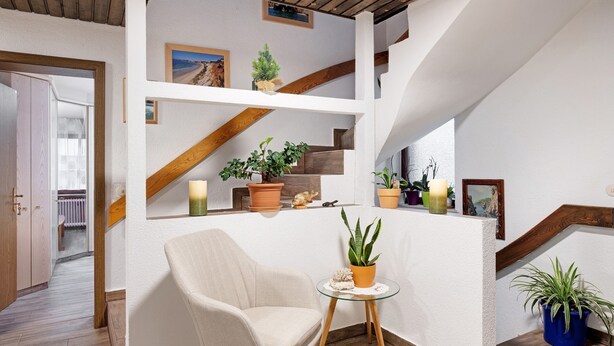 Un interior moderno con una escalera, una silla y plantas en macetas.
