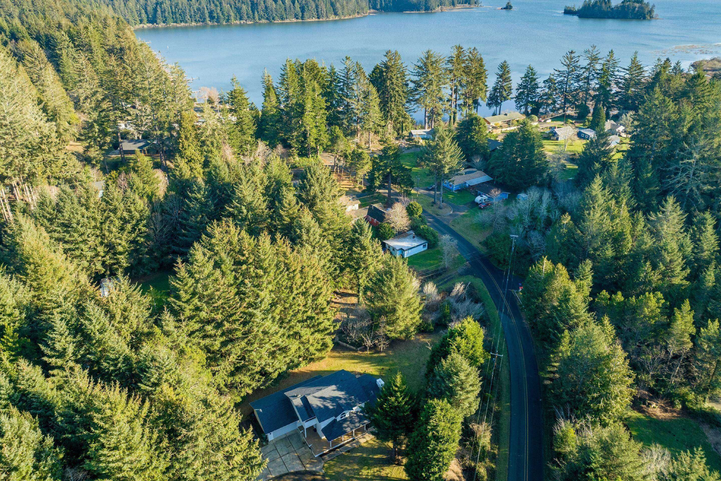 An aerial view of a residential area with houses surrounded by dense forest, a road, and a body of water in the background.