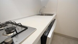 Una cocina moderna con estufa a gas, lavavajillas y pileta.