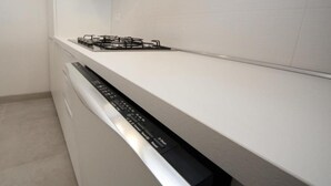 Una cocina con lavavajillas y cocina a gas.
