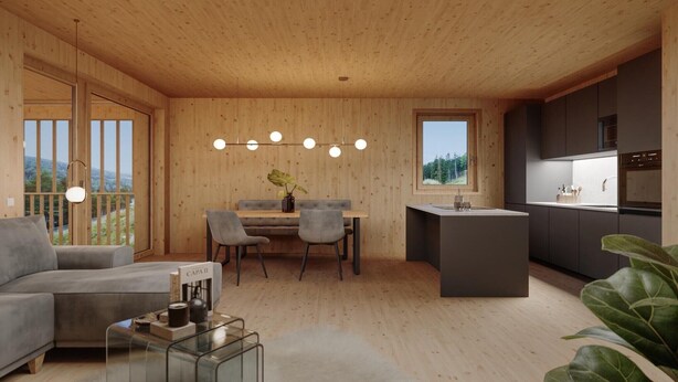 A modern interior with a wooden ceiling, a dining area with a table and chairs, a kitchen with dark cabinets, and a large window offering a view of the outdoors.