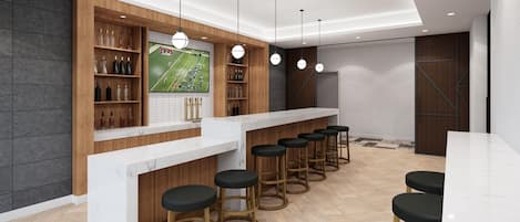 A modern bar area with a marble countertop, wooden shelves, and bar stools.