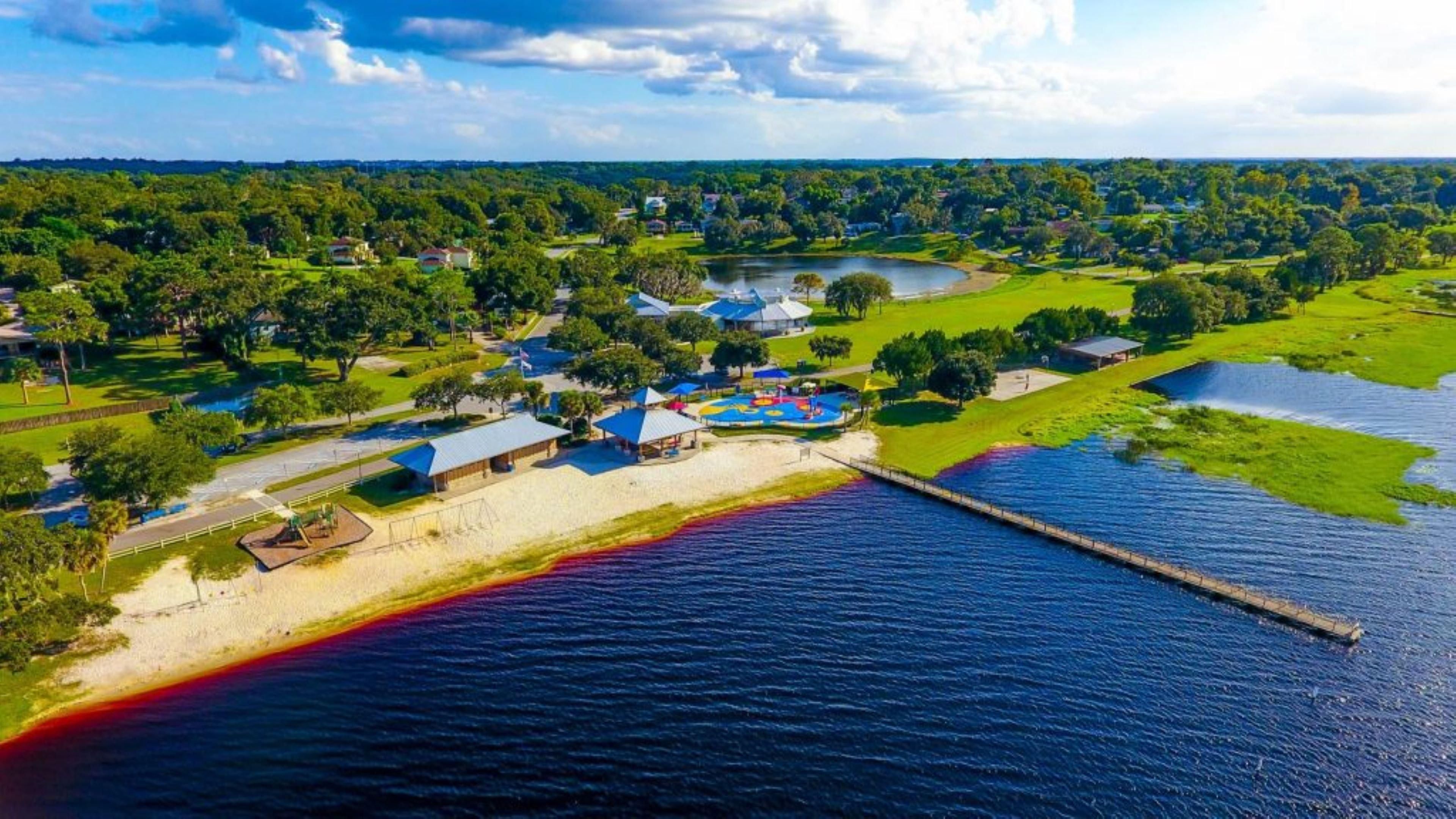 An aerial view of a coastal property with a beach, a dock, and a water body.