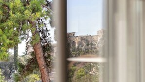 A view through a window with a tree and a distant building.