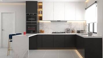 Economy Apartment, Balcony, City View | Private kitchen | Fridge, microwave, oven, stovetop