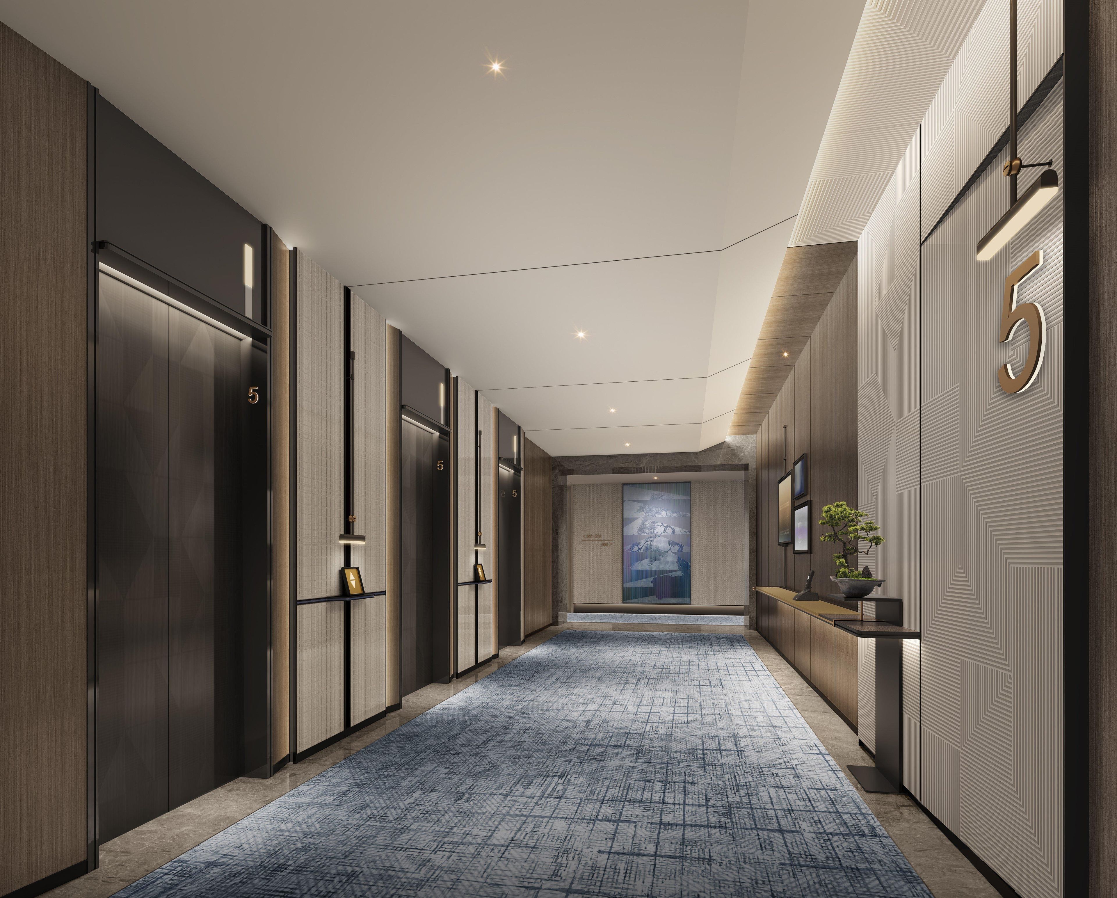 A modern hallway with a blue carpet, wooden paneling, and a number 5 elevator.