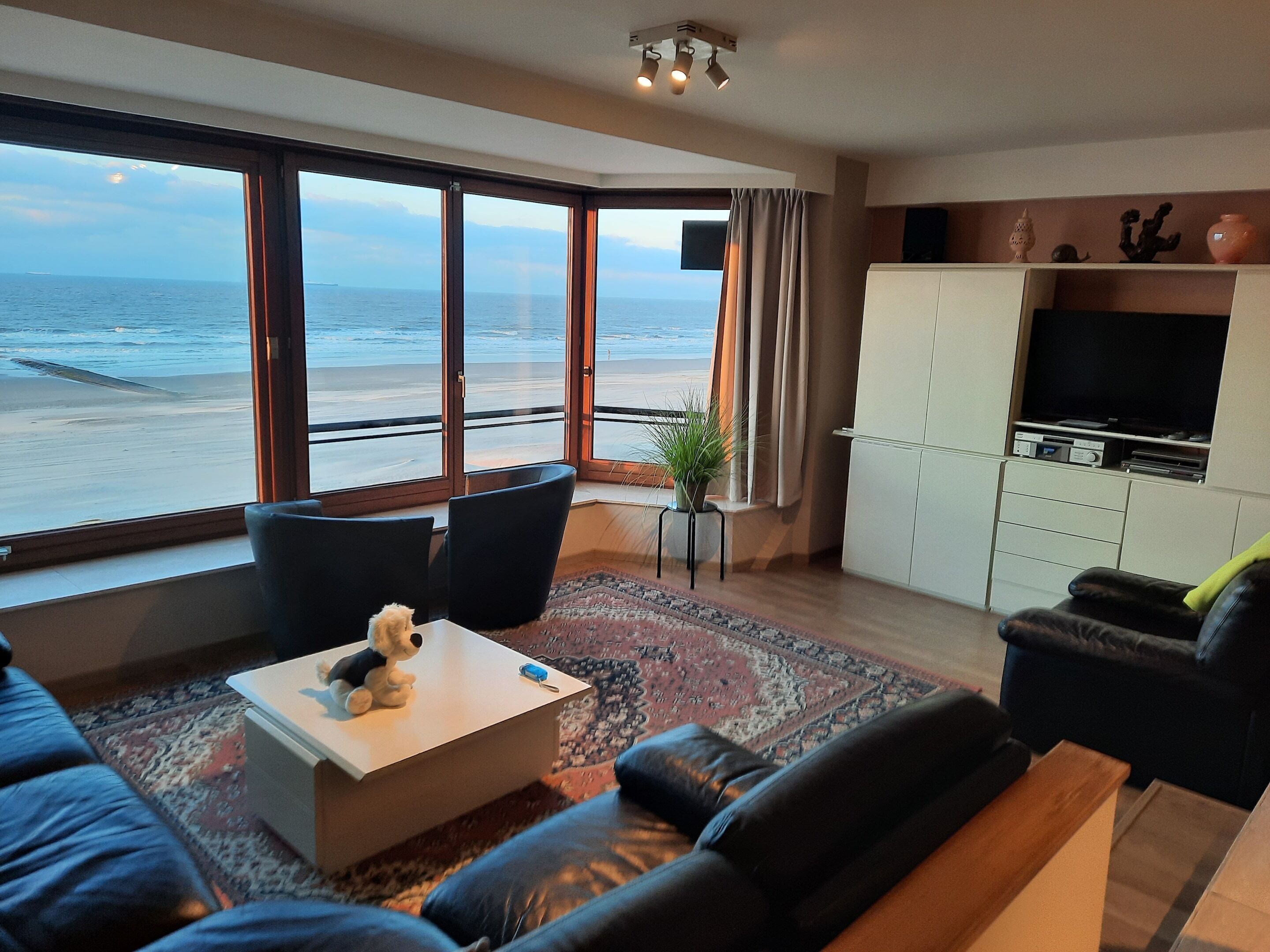 Ett vardagsrum med ett stort fönster med utsikt över en strand, en soffa, ett soffbord och ett TV-bord.