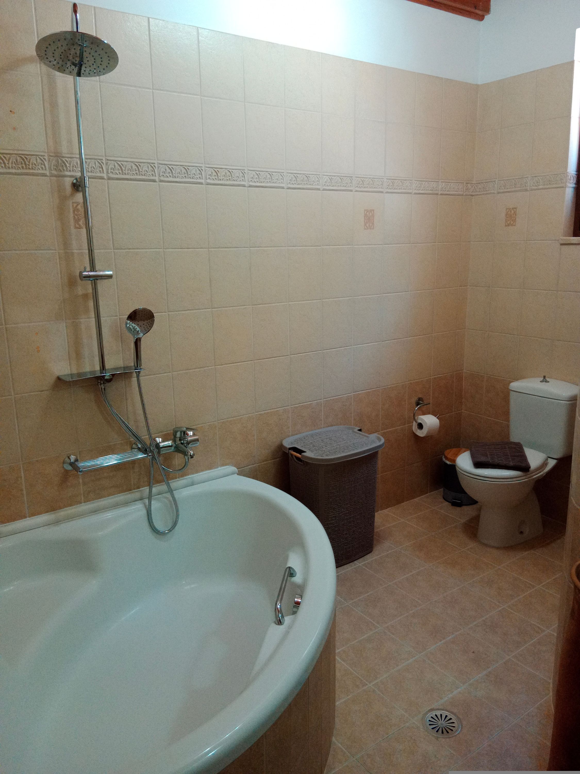 A bathroom with a bathtub, shower, toilet, and trash bin.
